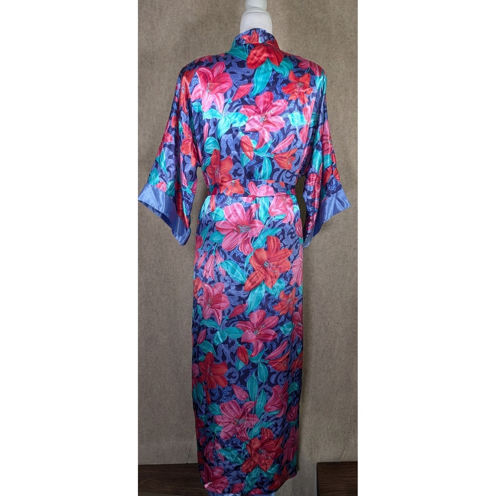 Vintage California Dynasty Floral Satin Robe Large Pink Blue Belted Peignoir USA - Picture 2 of 6